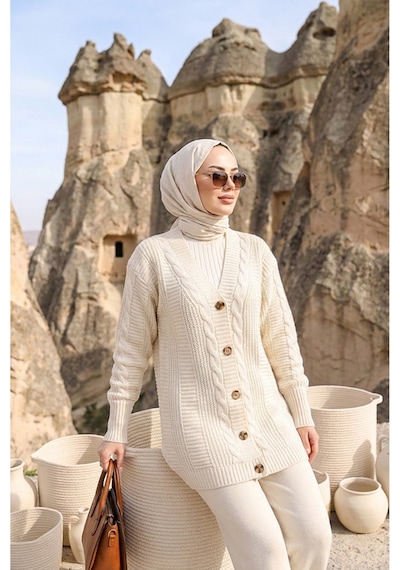 Sayzen Your Shine Trend Saç Örgülü Düğmeli Tunik Hırka Ekru