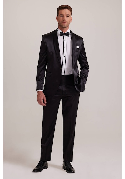 Ysf Erkek Siyah Slim Fit Şal Hakim Yaka Damatlık