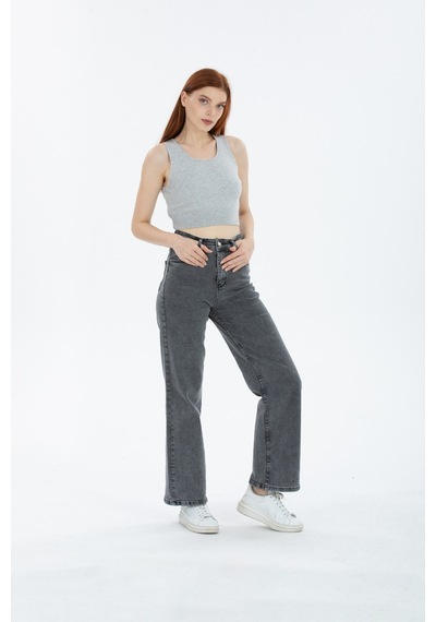 90's Kar Yıkama Kar Gri Likralı Süper Yüksek Bel Wide Leg Salaş Jeans Palazzo Kot Pantolon Gri
