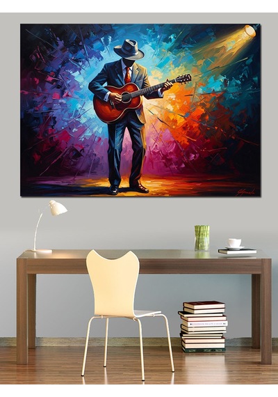 Sahne Işıkları Altında Gitarist Portresi Dekoratif Kanvas - Mdf Ahşap Tablo
