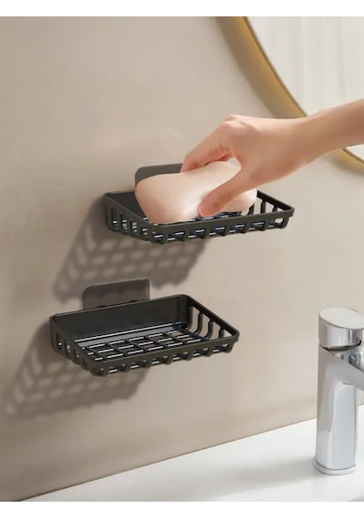 2'li Set Yapışkanlı Banyo Sabunluk, Katı Sabun Tutacağı, Lavabo Mutfak Katı Sabunluk Süngerlik Siyah