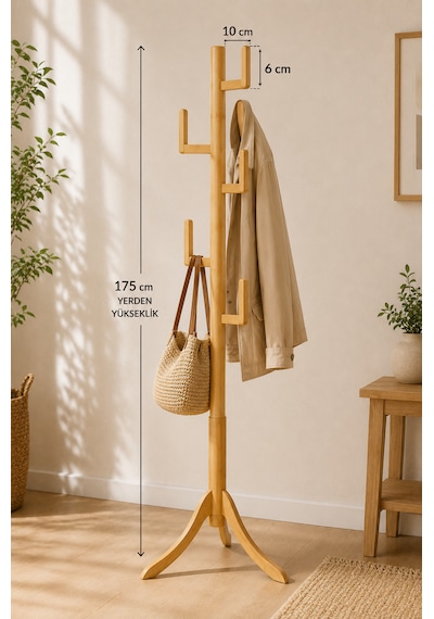 Robin Home Bambu Portmanto Askılık Modern Vestiyer Ayaklı Askılık Ahşap Elbise Askısı Bej