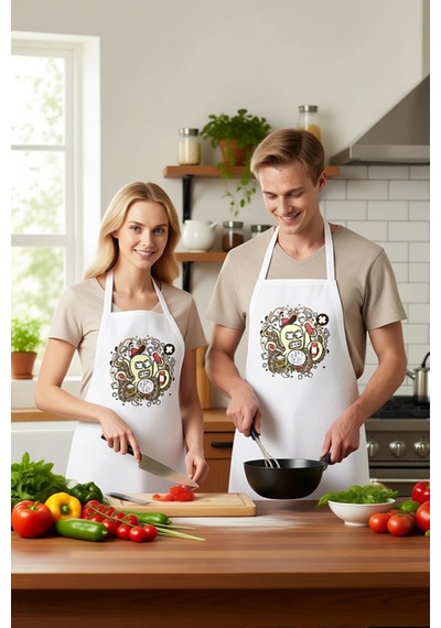 Erkek Unisex Mutfak Aşçı Önlüğü Karikatür Ahtapot Baskılı Rahat K Beyaz