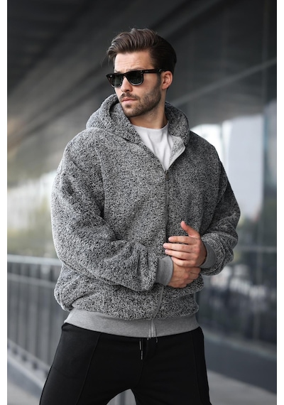 Madmext Gri Peluş Over Fit Kapüşonlu Fermuarlı Erkek Sweatshirt 6049 Gri