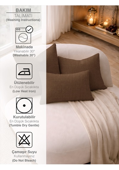 Br Perle Sütlü Kahverengi Keten Dokulu Dekoratif Kırlent Kılıfı Modern Salon Koltuk Yastığı