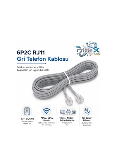 Primex Px-kkt20 2cx0.10mmx7 20 Metre Adsl Rj11 Telefon Kablosu Gri, Adsl, Vdsl 2 Canlı Kablo Standart