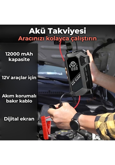 Q18 Jump Starter Akü Takviye Cihazı Hava Kompresörlü Powerbank 12000 Mah 4'ü 1 Arada