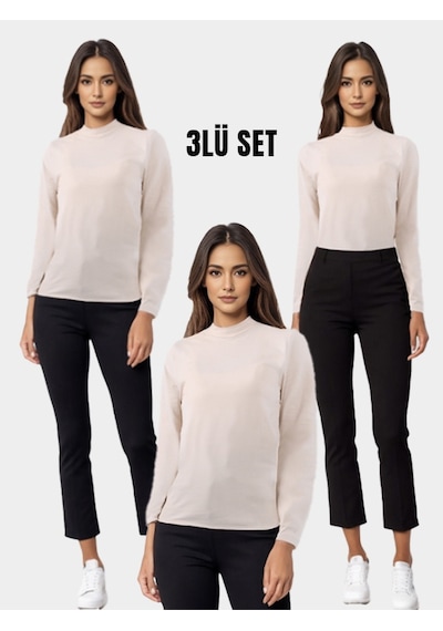 Parlingerie Kadın Balıkçı Yaka Uzun Kollu 3lü Atlet Seti Ten