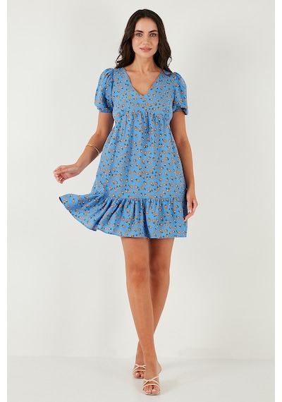 Lela Regular Fit V Yaka Balon Kol Desenli Mini Bayan Elbise 67810045 Mavi