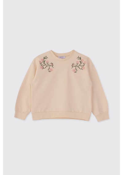 Panço Kız Çocuk Nakış Detaylı Bej Sweatshirt Krem