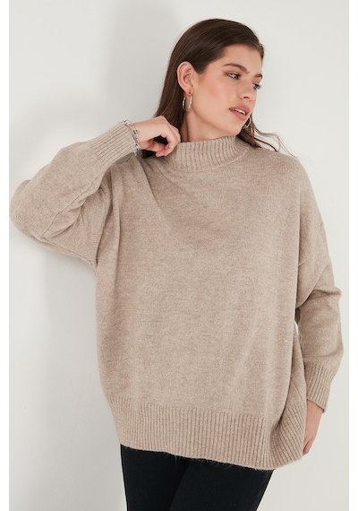 Lela Premium Oversize Fit Balıkçı Yaka Yumuşak Dokulu Triko Bayan Kazak 680Kz00469 Vizon