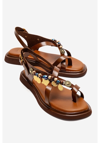 Luvishoes Hush Taba Hakiki Deri Boncuklu Kadın Parmak Arası Sandalet
