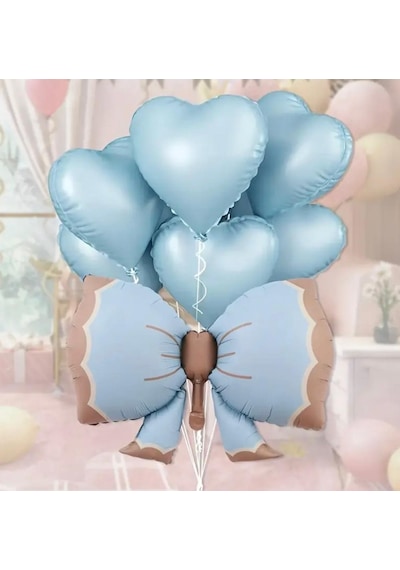 Retro Mavi Fiyonk Kalp Folyo Balon Seti Mavi