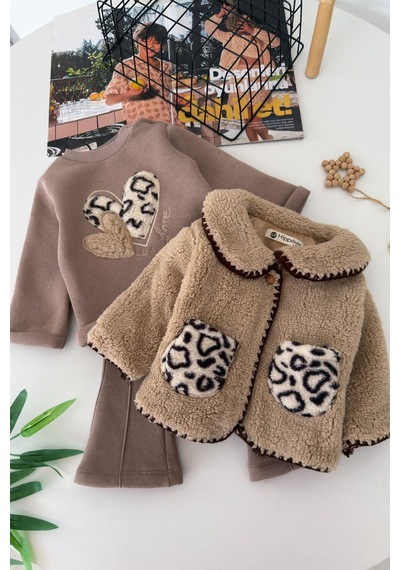 Minigimin Cicileri Leopar Cepli Peluş Ceketli Kız Bebek Kışlık 3 Lü Takım - Vizon