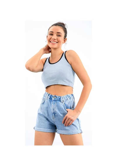 Tommy Life Gök Mavi Basic Sıfır Kol Dar Kalıp U Yaka Kadın Crop Top Atlet - 97162 Mavi