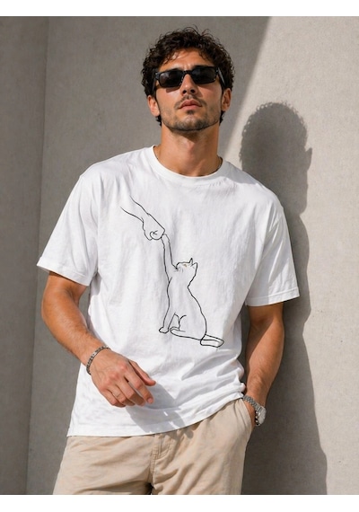 Erkek Minimal Kedi Çizim Baskılı Tişört Kısa Kol Yazlık T-shirt - Beyaz Çok Renkli