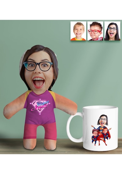 Bk Gift Kişiye Özel Fotoğraflı Pembe Süper Anne Bebek Yastık Ve Kupa Bardak Hediye Seti-3, Anneye Hediye, Anneler Günü Hediyeleri Kobitmeyencom30628 B