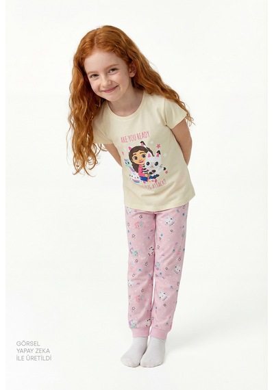 Penti Ekru Kız Çocuk Gabby’s Dollhouse Pamuklu Pijama Takımı