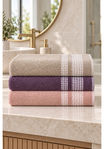 Çift Şerit Desenli Havlu 50x90 Cm 3 Lü Set - Mulberry Blush Çok Renkli
