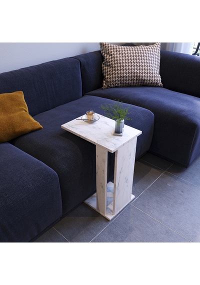Pasific Home Single Çok Amaçlı Tekerlekli C Sehpa ,Koltuk Sehpası - Beyaz Mermer