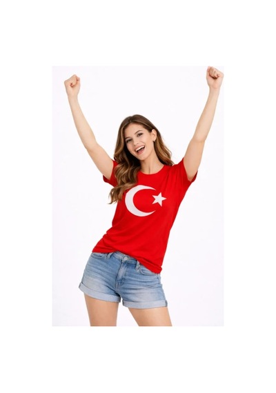 Butik İstanbul T-shirt Kısa Kol Bisiklet Yaka Ay Yıldız Bayrak Baskılı Tişört - Kırmızı