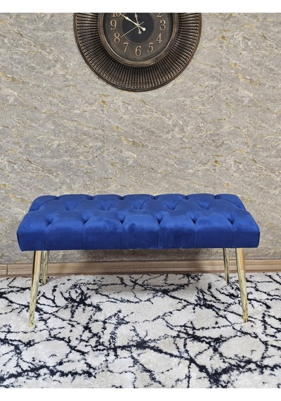 Zafir Gold Kaplama Sivriltme Ayaklı 90 Cm Puf Bench - Puf - Bench - Kasalı Oturak - Oturak - Yatak Ucu Puf Mavi