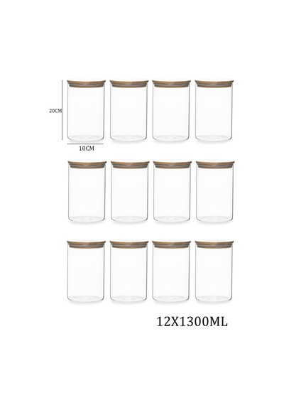 Porsima 2-4 Bambu Vakumlu Kapaklı Yuvarlak Cam 12li Kavanoz Seti Saklama Kabı 1300ml 10x20cm
