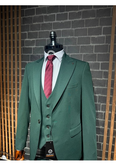 Dupont Classics Dupont Erkek Slim Fit 6 Drop Tek Düğme Çift Yırtmaç Likralı Zara Kumaş Yelekli Takım Elbise Koyu Yeşil Dupont Classics Dupont Erkek Slim Fit 6 Drop Tek Düğme Çift Yırtmaç Likralı Zara Kumaş Yelekli Takım Elbise Koyu Yeşil