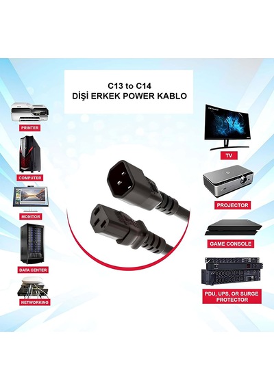 C13 To C14 Power Dişi Erkek Kablo 3x0.75 Dişi Erkek Power Kablo 2m