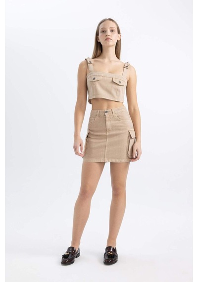 Defacto Coool Kargo Fit Gabardin Yıkamalı Soluk Efektli Mini Etek C4456AX24SPBG387 Bej