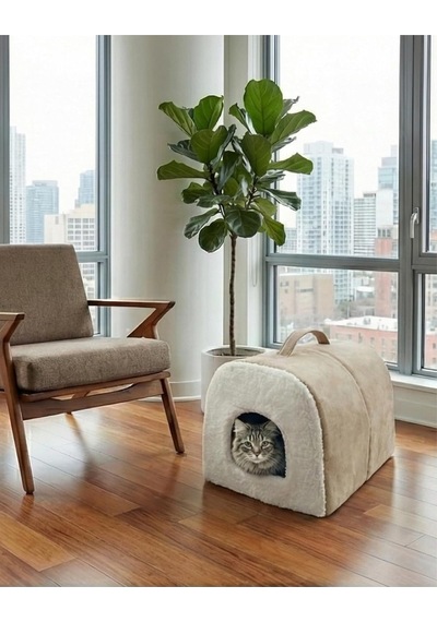 Taşınabilir Kedi Köpek Yatağı Mağara Model Yuva, Bej, S Beden