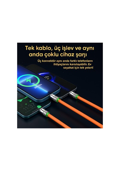3'ü 1 Arada 120w Hızlı Şarj Kablosu Micro Usb, Type-c Ve Lightning Uyumlu Samsung, Apple iPhone Turuncu - 736617527