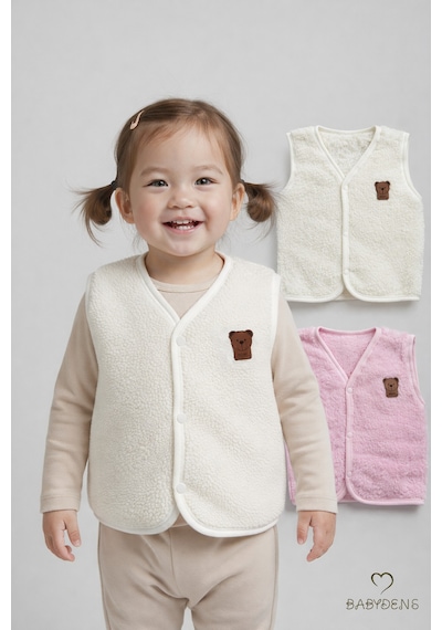 Babyden's 2 Li Welsoft Yelek Seti Kız Bebek Çocuk Ayıcık Armalı Peluş Yumuşak Kışlık Yelek Ekru - Pembe