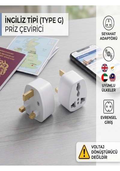 İngiltere, Kıbrıs, Dubai Uyumlu Priz Çevirici Adaptör Type G Evrensel Dönüştürücü Hac Prizi