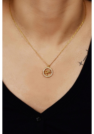 Zirkon Taşlı Gold Yuvarlak Kuş Yuvası Gümüş Kolye N10101