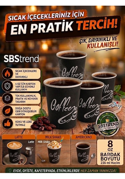 8 Oz Kalın Gramaj Coffee Etkinlik Parti Karton Kâğıt Bardak Koli 2000 Adet