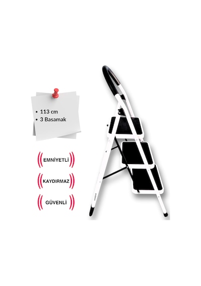 Çelik 3 Basamaklı Geniş Basamak Ev - Ofis Tipi Merdiven - Tutacaklı