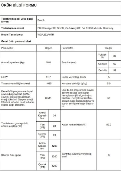 Bosch WGA252A0TR 1200 Devir 10 KG Çamaşır Makinesi