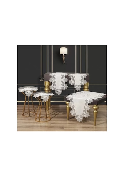 Salon Takımı 5 Parça Keten Dantelli Masa Örtüsü Runner Seti Çeyizlik Kayla Model Krem-krem Bzckh612 Çok Renkli