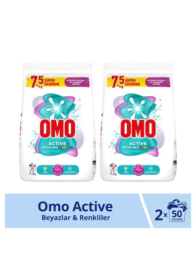 Omo Active Beyazlar ve Renkliler Toz Deterjanı 100 Yıkama 2 x 7500 G