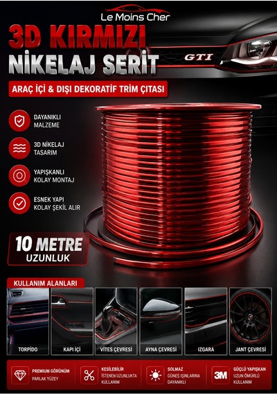 3d Kırmızı Nikelaj Şerit 10 Metre Torpido Trim Çıtası