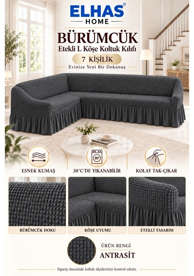Bürümcük Kumaş 7 Kişilik Etekli L Köşe Koltuk Kılıfı Antrasit - 934823050 Antrasit