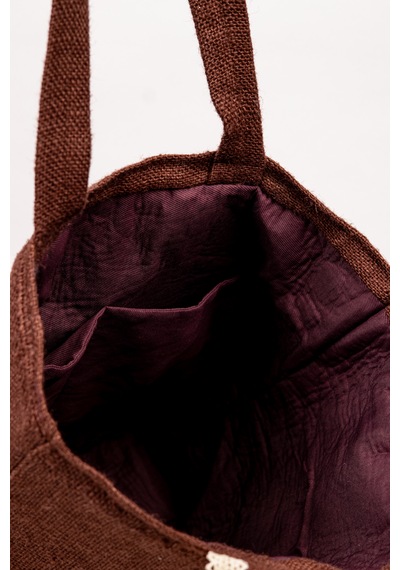 Fabric Craft Bag Kadın Omuz Çantası Jüt Kumaş Astarlı İç Cepli Aplikeli Kahverengi 43x40 Cm