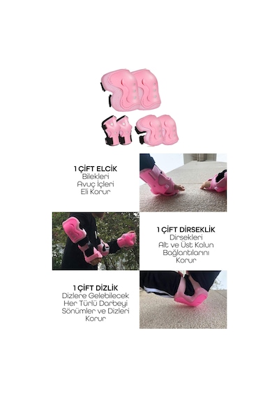 6'lı Yüksek Koruma 3-12 Yaş Paten Scooter Bisiklet Kaykay Diz Dirsek El Koruma Koruyucu Seti Pembe Pembe