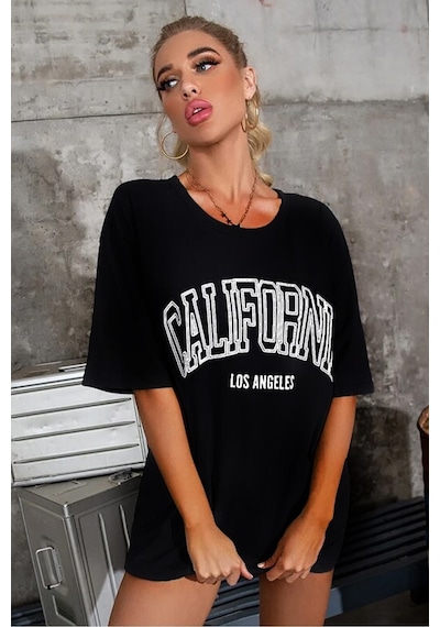 Blackjack Giyim Blackjackgiyim Kadın Siyah Oversize California Los Angeles Baskılı T-shirt Siyah