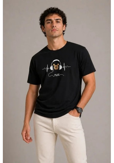 Veraura Lifestyle Erkek Müzik Temalı Baskılı Tişört Bisiklet Yaka Kısa Kol T-shirt - Siyah