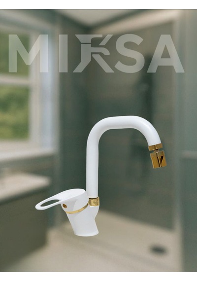Lüx Beyaz-gold Köşe Borulu Oynar Başlıklı Perlatörlü Banyo Lavabo Bataryası, Çiftsugirişli