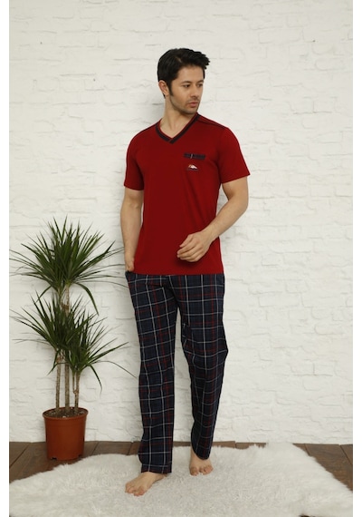 Erkek V Yaka Ekose Desen %100 Pamuk Kısa Kol Cepli Pijama Takımı Bordo