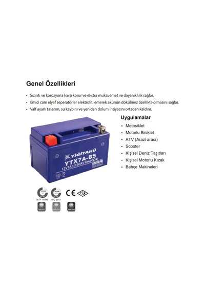 12 V 7 Ah Amper Ytx7a Bs Yiğit Akü Motosiklet Aküsü