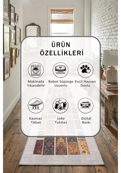Valeri Dijital Baskılı Kaymaz Yıkanabilir Yolluk Açık Gri